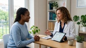 Ginecologista e paciente conversam em um consultório moderno e bem iluminado, com um tablet exibindo um esquema gráfico sobre a mesa.