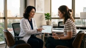 Ginecologista explica saúde feminina a paciente atenta com tablet em consultório moderno e acolhedor, sob luz suave de fim de tarde.