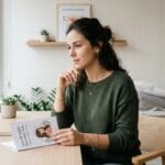 Mulher jovem e pensativa em um consultório ginecológico moderno, refletindo calmamente sobre opções de saúde feminina.