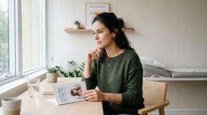 Mulher jovem e pensativa em um consultório ginecológico moderno, refletindo calmamente sobre opções de saúde feminina.