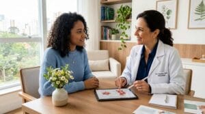Ginecologista e paciente conversam de forma engajada em consultório moderno, com a médica mostrando informações em tablet.