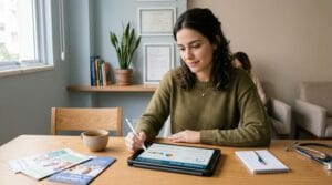 Jovem mulher revisando informações em um tablet com expressão pensativa em um consultório médico moderno e acolhedor.