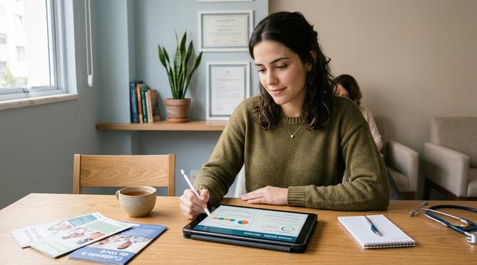 Jovem mulher revisando informações em um tablet com expressão pensativa em um consultório médico moderno e acolhedor.