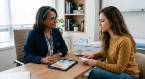 Ginecologista explicando opções contraceptivas para mulher jovem em consultório moderno