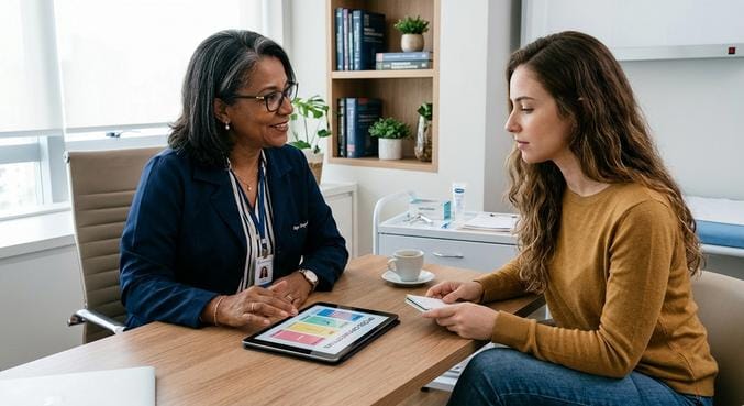 Ginecologista explicando opções contraceptivas para mulher jovem em consultório moderno