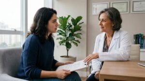 Jovem mulher em consulta empática com ginecologista experiente, discutindo um documento em consultório moderno e bem iluminado.