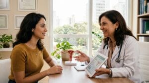 Mulher jovem e ginecologista conversam em consultório moderno e luminoso, transmitindo confiança e clareza na decisão informada.