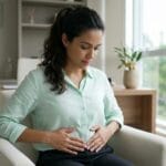 Jovem mulher com expressão introspectiva toca o abdômen em consultório médico moderno e iluminado.