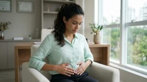 Jovem mulher com expressão introspectiva toca o abdômen em consultório médico moderno e iluminado.