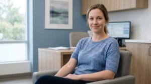 Mulher sorridente com curativo discreto no braço em um consultório médico moderno e bem iluminado.