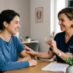 Ginecologista e paciente sorrindo discutem sobre implante hormonal em consultório moderno.