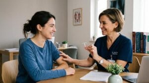 Ginecologista e paciente sorrindo discutem sobre implante hormonal em consultório moderno.
