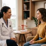 Ginecologista e paciente jovem conversam empaticamente em consultório moderno, com modelo de braço anatômico na mesa indicando discussão sobre contracepção.