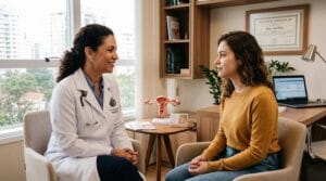 Ginecologista e paciente jovem conversam empaticamente em consultório moderno, com modelo de braço anatômico na mesa indicando discussão sobre contracepção.