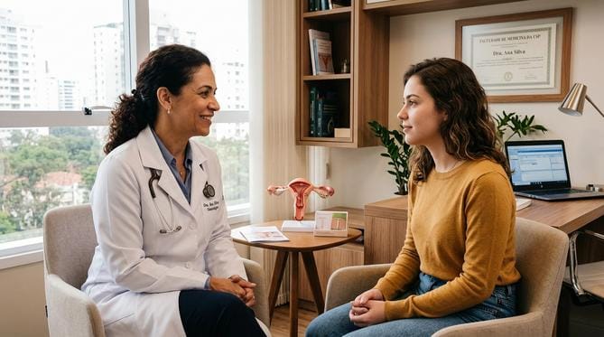 Ginecologista e paciente jovem conversam empaticamente em consultório moderno, com modelo de braço anatômico na mesa indicando discussão sobre contracepção.