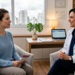 Mulher serena em consulta com ginecologista empática em consultório moderno e luminoso com vista para São Paulo.