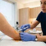 Ginecologista inserindo implante contraceptivo subdérmico no antebraço de paciente em consultório moderno.
