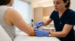 Ginecologista inserindo implante contraceptivo subdérmico no antebraço de paciente em consultório moderno.