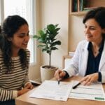 Uma paciente e uma médica ginecologista conversam em um consultório moderno e acolhedor, com a médica apontando documentos sobre a mesa.