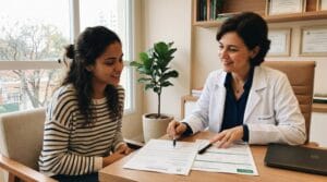 Uma paciente e uma médica ginecologista conversam em um consultório moderno e acolhedor, com a médica apontando documentos sobre a mesa.