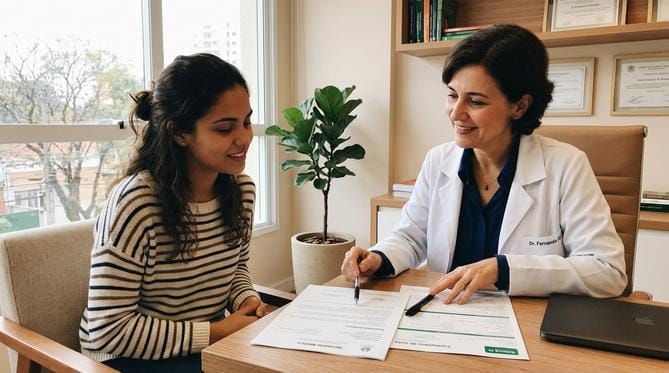 Uma paciente e uma médica ginecologista conversam em um consultório moderno e acolhedor, com a médica apontando documentos sobre a mesa.