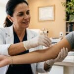 Médica ginecologista explica a uma paciente como o implante contraceptivo é inserido no braço, usando um modelo.