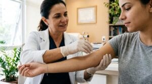 Médica ginecologista explica a uma paciente como o implante contraceptivo é inserido no braço, usando um modelo.