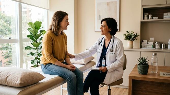 Ginecologista escuta paciente com empatia em consultório moderno e acolhedor com luz natural.