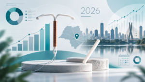 Ilustração de DIU e implante anticoncepcional com gráficos de dados sobre procedimentos de DIU e Implanon em São Paulo em 2026.