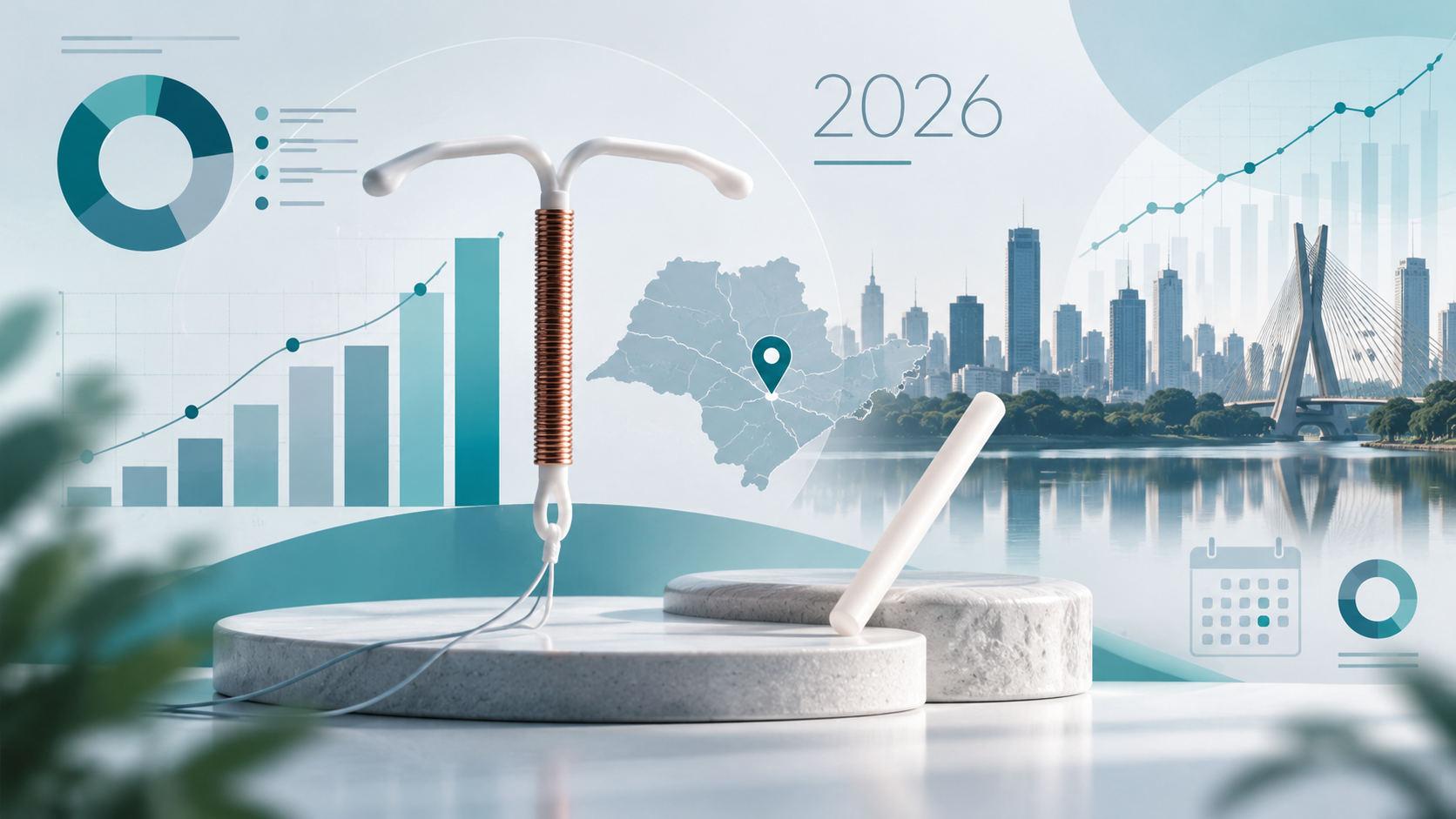 Ilustração de DIU e implante anticoncepcional com gráficos de dados sobre procedimentos de DIU e Implanon em São Paulo em 2026.