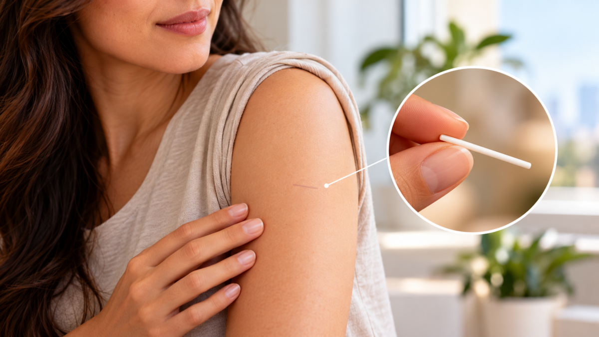 Mulher observa a região do braço onde é inserido o Implanon, método contraceptivo com duração ampliada pela Anvisa para até cinco anos.