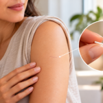 Mulher observa a região do braço onde é inserido o Implanon, método contraceptivo com duração ampliada pela Anvisa para até cinco anos.