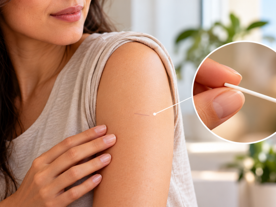 Mulher observa a região do braço onde é inserido o Implanon, método contraceptivo com duração ampliada pela Anvisa para até cinco anos.
