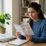 Jovem mulher pensativa analisando folheto sobre métodos contraceptivos em um consultório médico moderno.