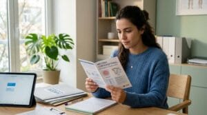 Jovem mulher pensativa analisando folheto sobre métodos contraceptivos em um consultório médico moderno.