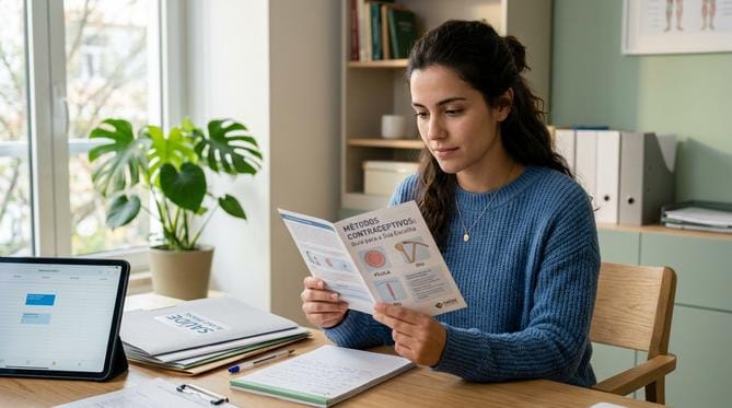 Jovem mulher pensativa analisando folheto sobre métodos contraceptivos em um consultório médico moderno.