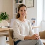 Jovem mulher serena sentada em consultório médico moderno, olhando para frente com expressão de confiança e empoderamento, após receber informações claras. Luz natural ilumina o ambiente e a postura relaxada.
