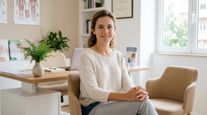 Jovem mulher serena sentada em consultório médico moderno, olhando para frente com expressão de confiança e empoderamento, após receber informações claras. Luz natural ilumina o ambiente e a postura relaxada.