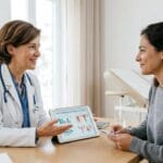 Médica ginecologista explica informações de saúde em tablet para paciente atenta em um consultório moderno e luminoso.