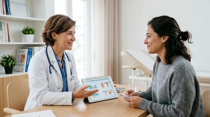 Médica ginecologista explica informações de saúde em tablet para paciente atenta em um consultório moderno e luminoso.