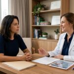 Mulher e ginecologista conversando em consultório moderno e acolhedor, transmitindo confiança mútua e suporte profissional.