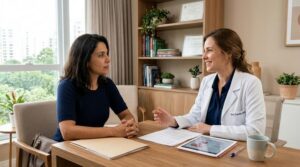 Mulher e ginecologista conversando em consultório moderno e acolhedor, transmitindo confiança mútua e suporte profissional.