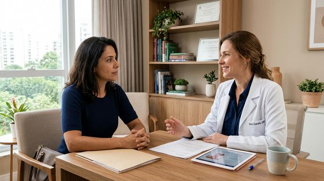 Mulher e ginecologista conversando em consultório moderno e acolhedor, transmitindo confiança mútua e suporte profissional.