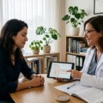 Ginecologista explica método contraceptivo de longa duração (implante subdérmico) para mulher jovem atenta, usando um tablet com diagrama, em consultório moderno.