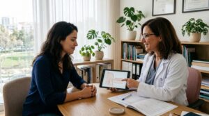 Ginecologista explica método contraceptivo de longa duração (implante subdérmico) para mulher jovem atenta, usando um tablet com diagrama, em consultório moderno.
