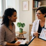 Ginecologista explica opções de planejamento familiar em tablet para paciente atenta em consultório moderno e acolhedor.