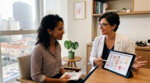Ginecologista explica opções de planejamento familiar em tablet para paciente atenta em consultório moderno e acolhedor.