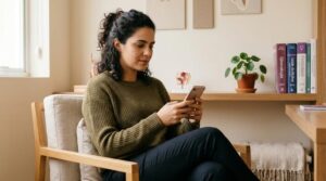 Mulher observando um aplicativo de acompanhamento de ciclo menstrual em tablet ou smartphone no consultório ginecológico.