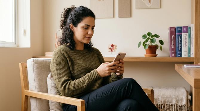 Mulher observando um aplicativo de acompanhamento de ciclo menstrual em tablet ou smartphone no consultório ginecológico.