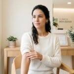 Mulher jovem e confiante em clínica moderna, tocando suavemente o braço, expressando tranquilidade e empoderamento diante de uma decisão de saúde.